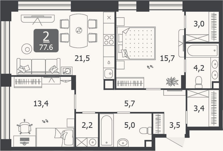 Планировка: 3-к, 77,6 м²