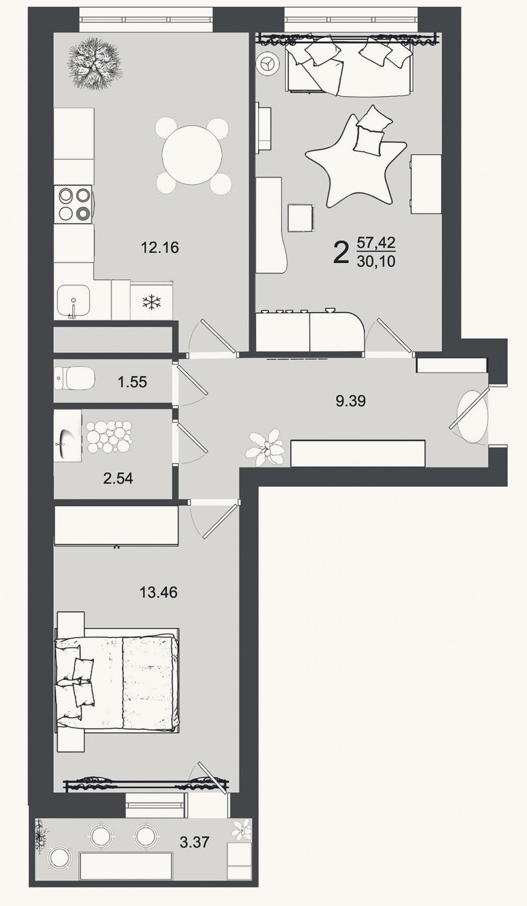 Планировка: 2-к, 55,7 м²