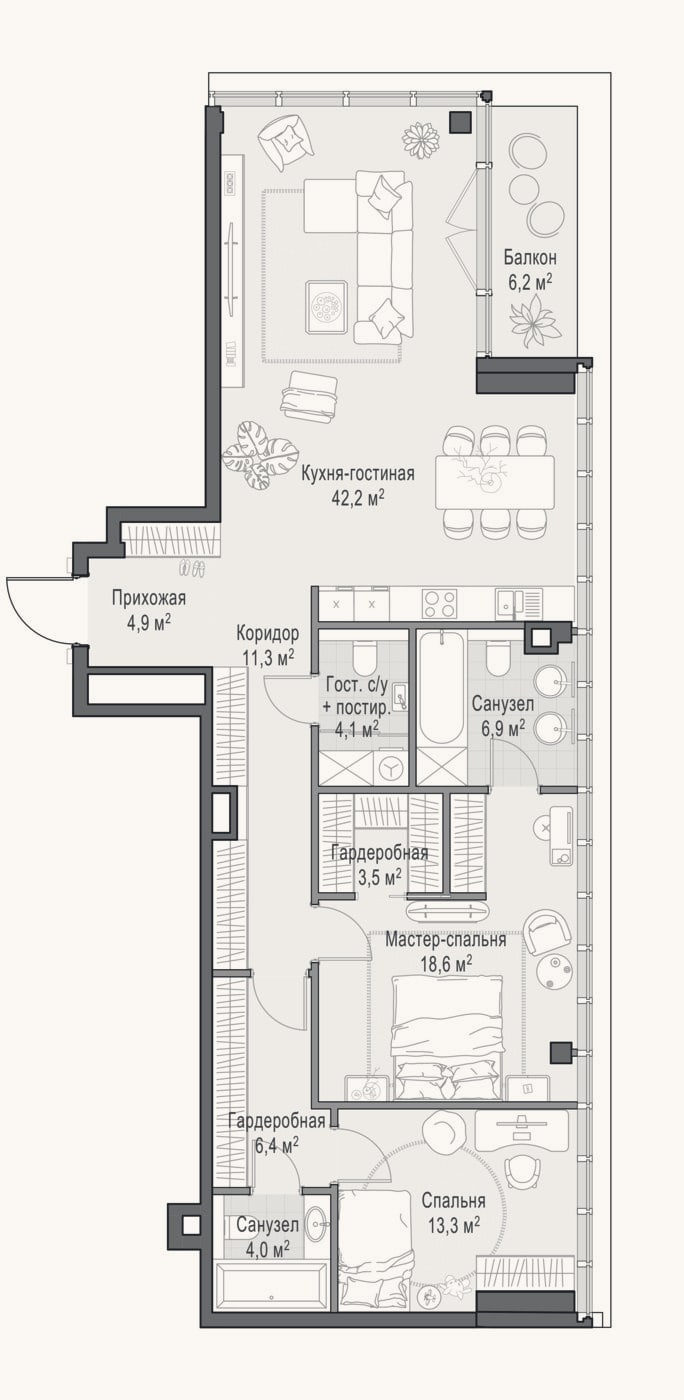 Планировка: 3-к, 118,7 м²