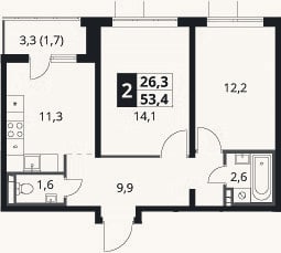 Планировка: 2-к, 51,7 м²