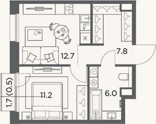 Планировка: 1-к, 37,7 м²