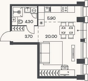 Планировка: Студия, 33,9 м²