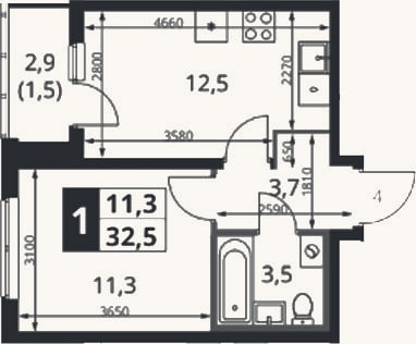 Планировка: 1-к, 31 м²