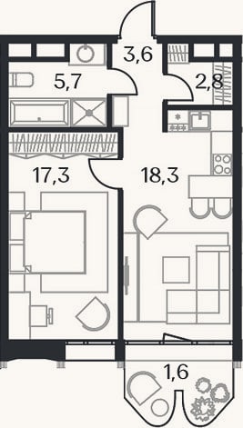 Планировка: 2-к, 47,7 м²