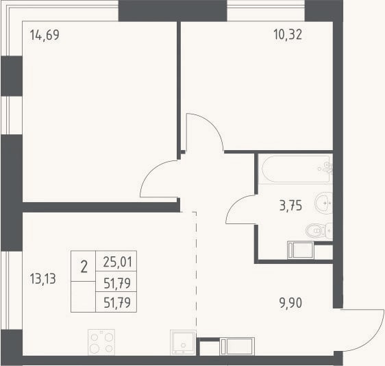 Планировка: 2-к, 51,8 м²