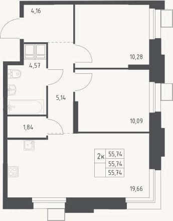 Планировка: 3-к, 55,7 м²