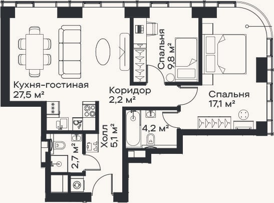 Планировка: 3-к, 68,6 м²