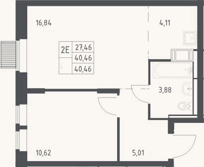 Планировка: 2-к, 40,5 м²