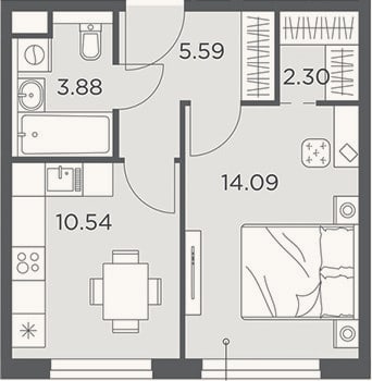 Планировка: 1-к, 36,4 м²
