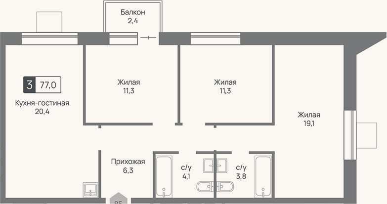 Планировка: 4+ к, 76,3 м²