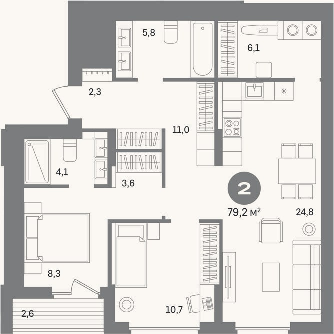 Планировка: 2-к, 76,6 м²