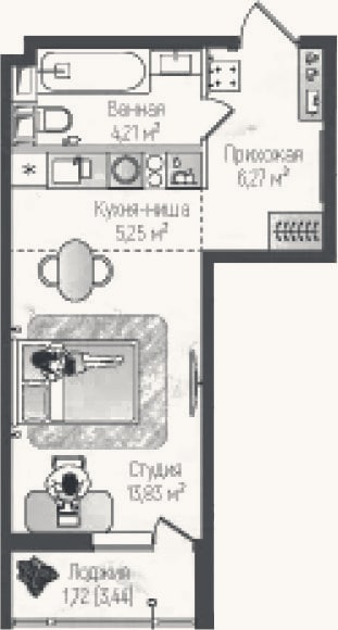 Планировка: Студия, 29,6 м²