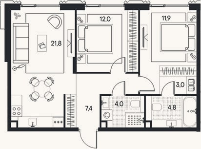 Планировка: 3-к, 64,9 м²
