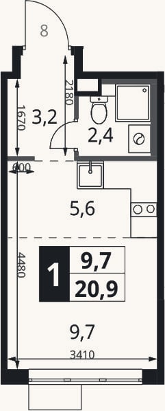 Планировка: Студия, 20,9 м²