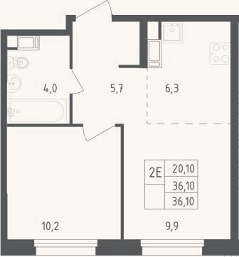 Планировка: 2-к, 36,1 м²