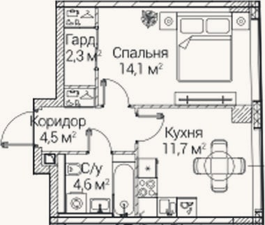 Планировка: 1-к, 37,2 м²