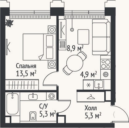Планировка: 2-к, 37,9 м²