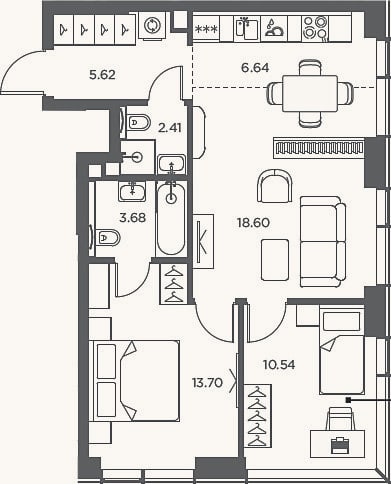 Планировка: 3-к, 61,2 м²