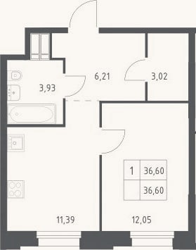 Планировка: 1-к, 36,6 м²