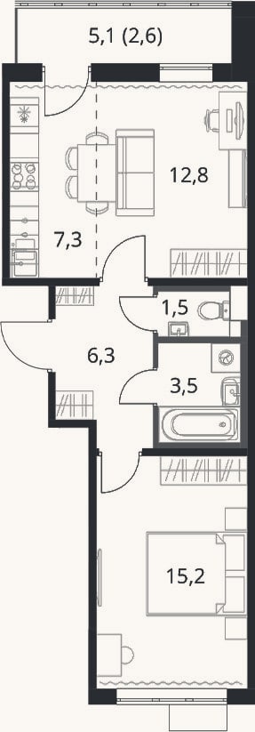 Планировка: 2-к, 46,6 м²
