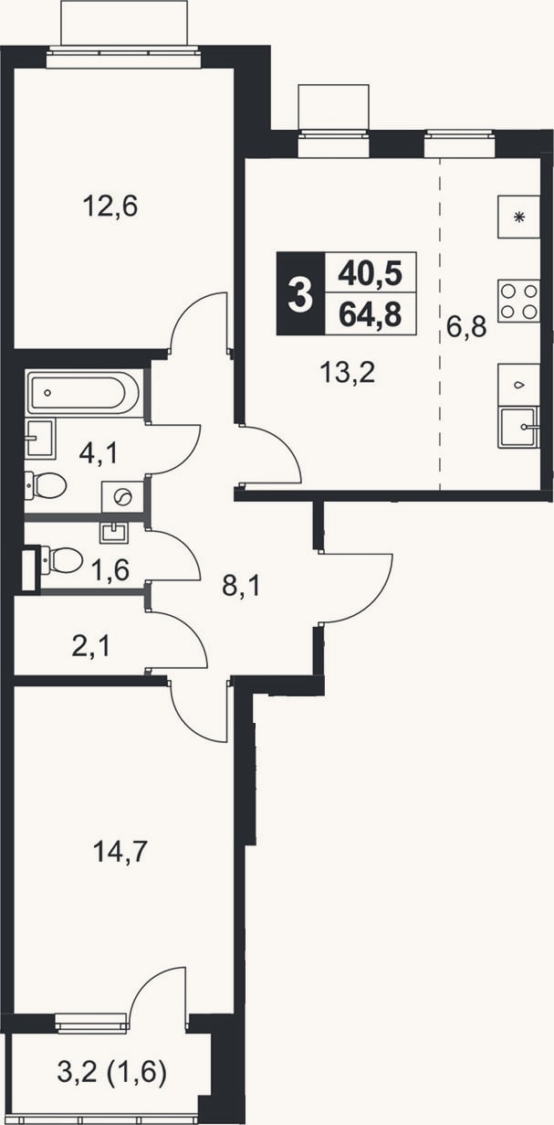 Планировка: 3-к, 63,2 м²