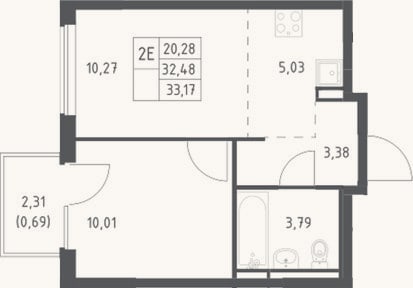 Планировка: 2-к, 32,5 м²