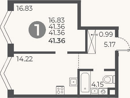 Планировка: 1-к, 41,4 м²