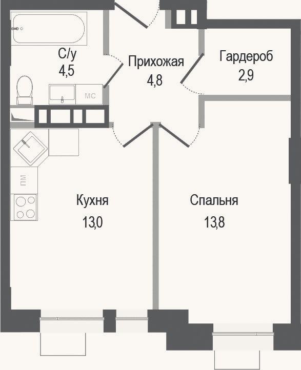 Планировка: 1-к, 39 м²