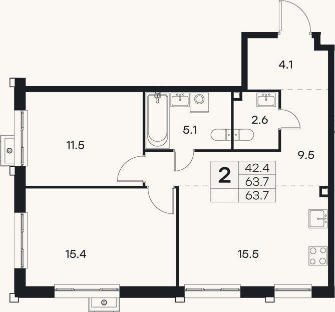 Планировка: 3-к, 63,7 м²
