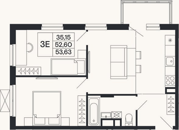 Планировка: 3-к, 52,6 м²
