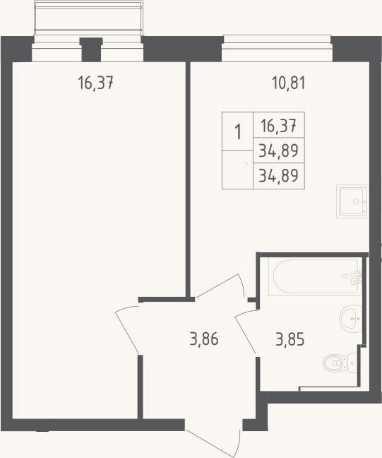 Планировка: 1-к, 34,9 м²