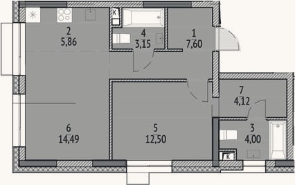 Планировка: 2-к, 51,7 м²