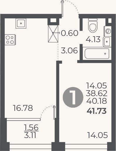 Планировка: 1-к, 38,6 м²