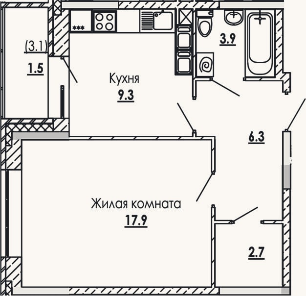 Планировка: 1-к, 40,1 м²