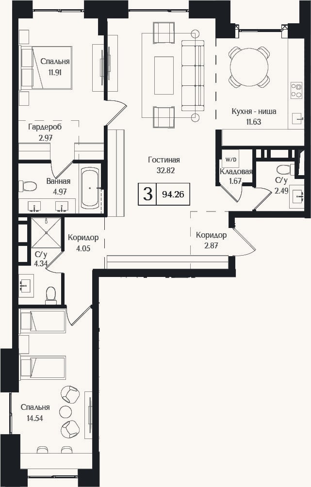 Планировка: 3-к, 94,3 м²