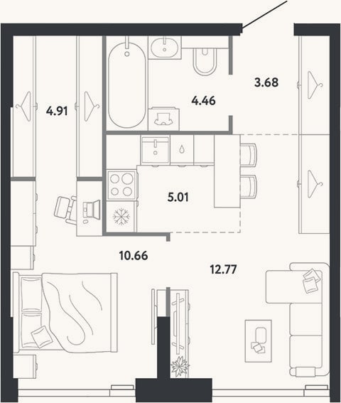 Планировка: 1-к, 41,5 м²