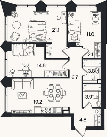 Планировка: 4+ к, 87,1 м²