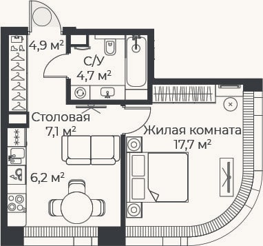 Планировка: 2-к, 40,6 м²