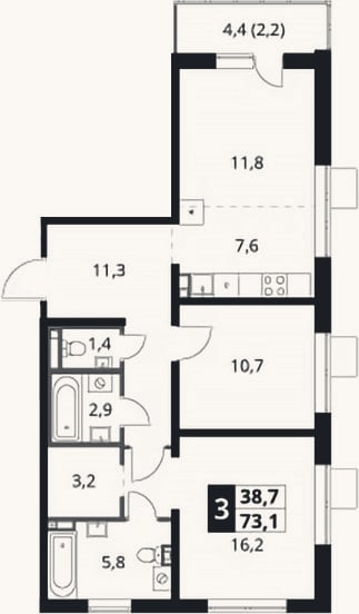 Планировка: 3-к, 70,9 м²