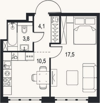 Планировка: 1-к, 35,9 м²