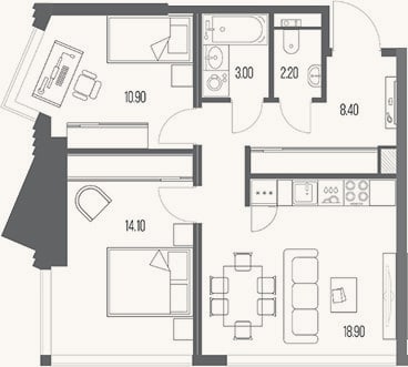 Планировка: 2-к, 57,5 м²