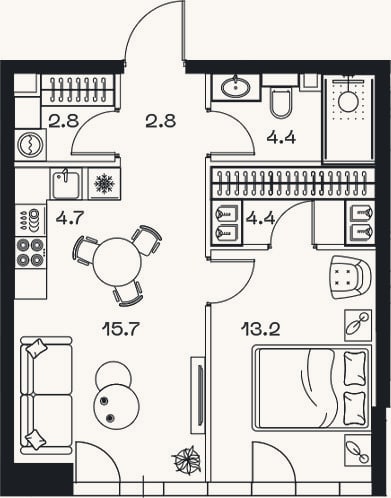 Планировка: 2-к, 48 м²