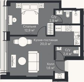 Планировка: 2-к, 38,7 м²