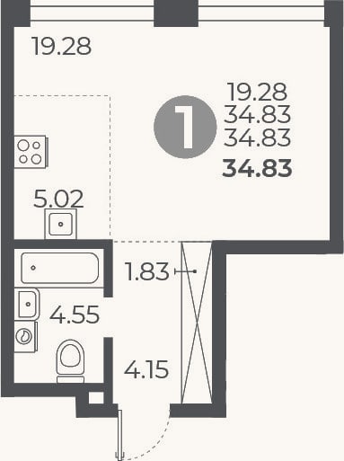 Планировка: Студия, 34,8 м²