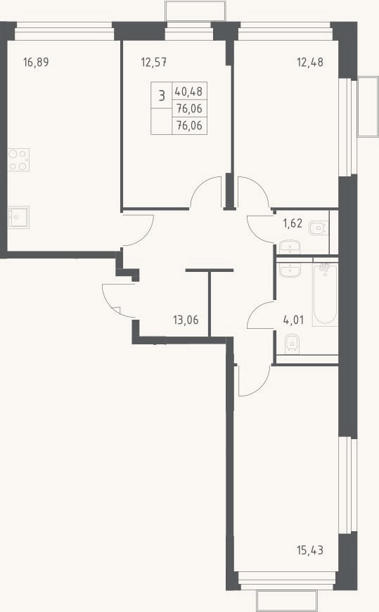 Планировка: 3-к, 76,1 м²