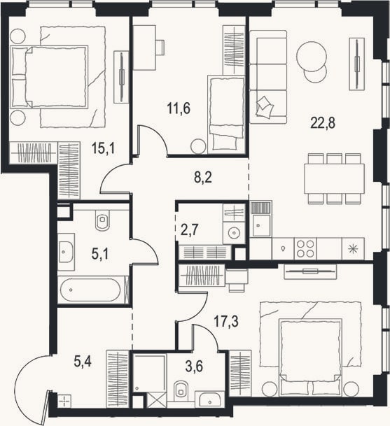 Планировка: 4+ к, 91,8 м²