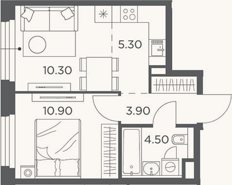 Планировка: 2-к, 34,9 м²