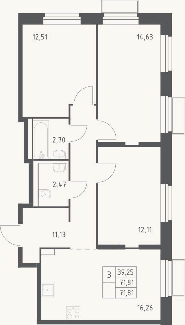 Планировка: 3-к, 71,8 м²