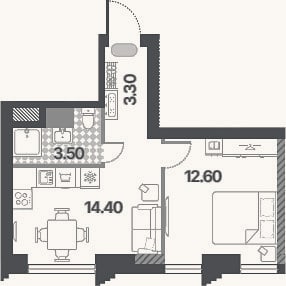 Планировка: 2-к, 33,8 м²