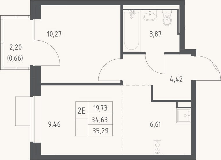 Планировка: 2-к, 34,6 м²